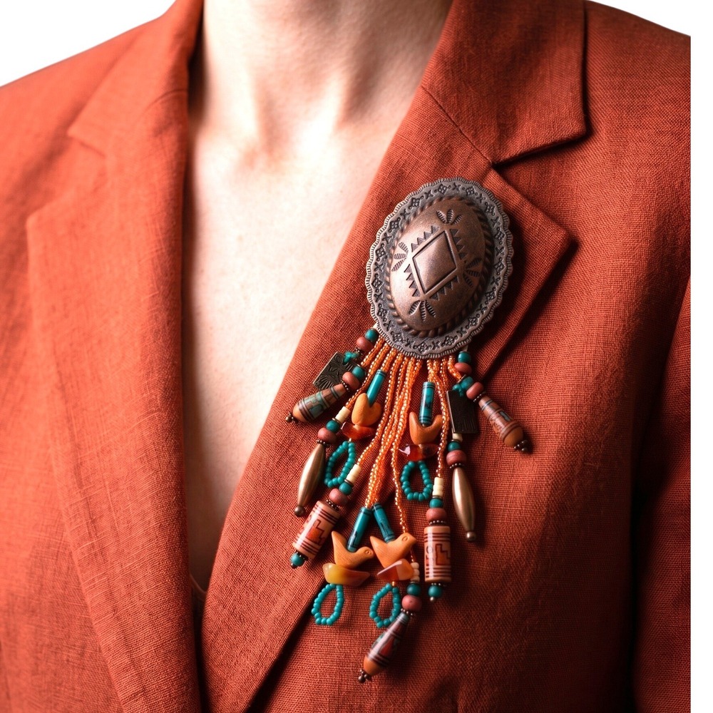 Vintage Southwestern Stamped Concho Fringe Brooch Bird Fetish Beads Statement